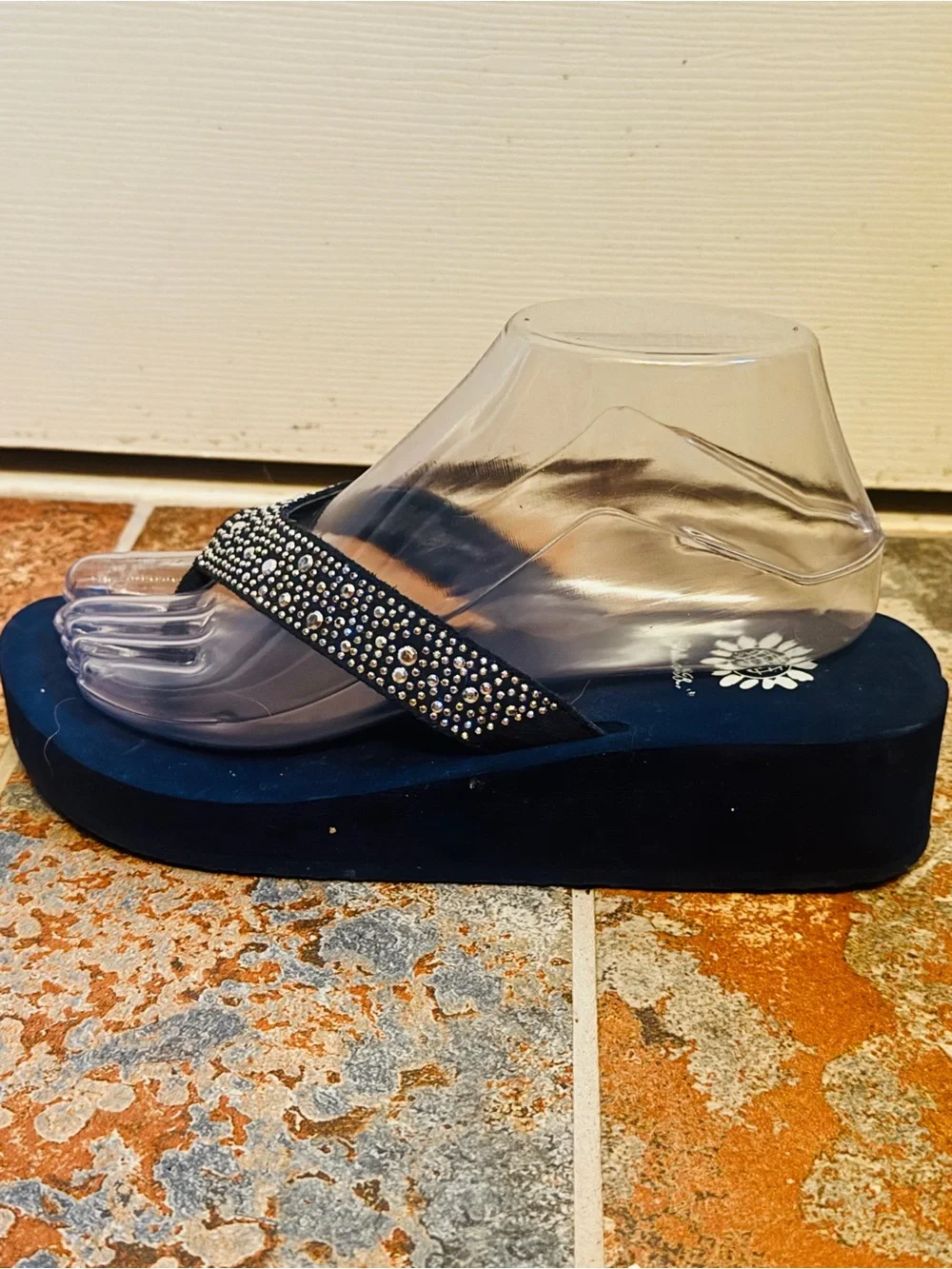 Like New Yellow Box Navy Blue Wedge Rhinestone Sandals! - Picture 9 of 15